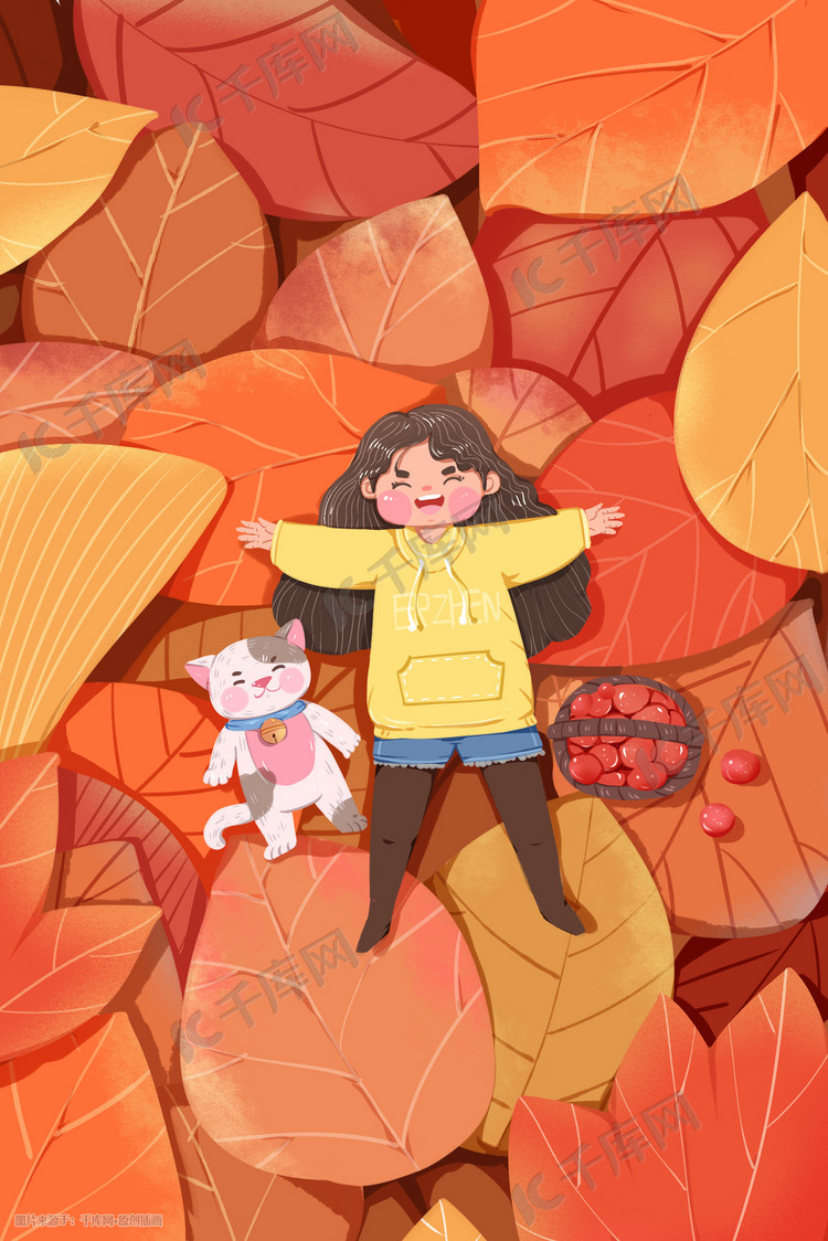 秋天女孩和猫咪躺在树叶上唯美插画