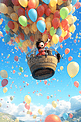 一个卡通可爱小女孩坐在气球上空中