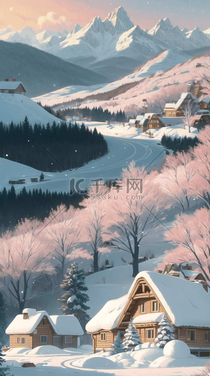 冬至雪山风景插画