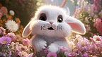 在花丛一只卡通可爱的3D毛绒兔子