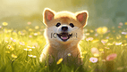 花丛里有一只卡通可爱的柴犬狗