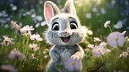 草地上有一只卡通可爱的3D毛绒兔子形象