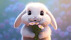 一只卡通可爱的3D毛绒兔子形象拿着花束
