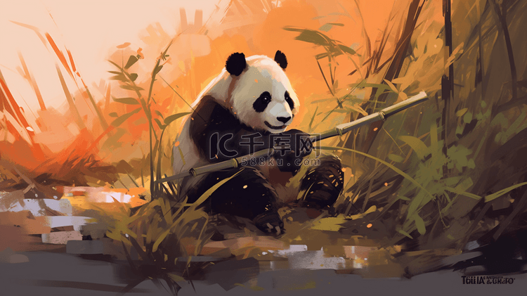国宝熊猫动物吃竹子插画