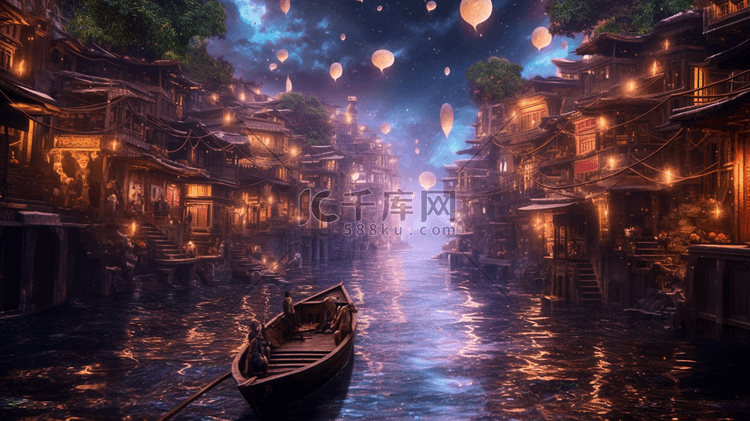 游戏场景水面小船建筑古风中国风