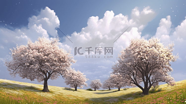 在春季盛开的樱花树数字艺术插画