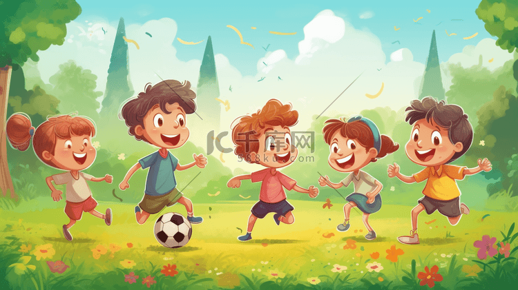 一群孩子在草地上踢足球