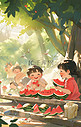 小孩在大树下乘凉吃西瓜