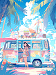 夏日多巴胺配色商业插画海滩巴士