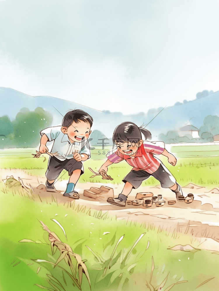 小学课本教材风格插画小孩在田野里玩耍