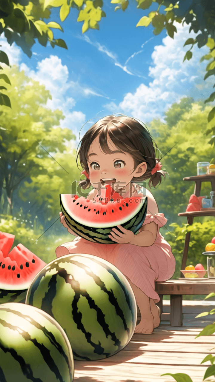 小女孩吃西瓜夏天