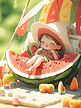 夏天夏季场景插画小女孩吃西瓜