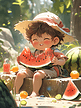 夏天夏季场景插画小女孩吃西瓜