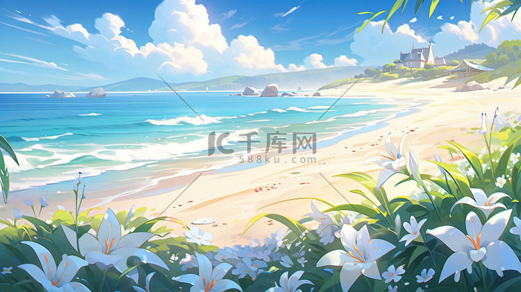 夏天大海海滩美丽花朵插画3