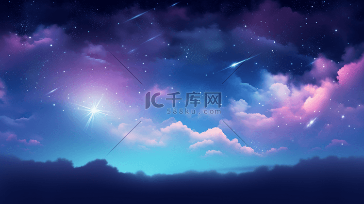 星星星空夜晚唯美插画云朵天空背景和粉彩色调