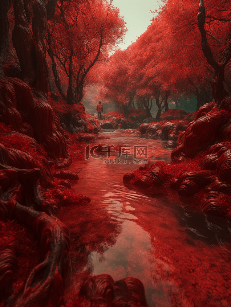 红色中国风山水风景插画1