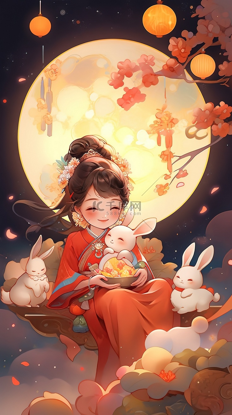 中秋节可爱嫦娥小仙女和兔子插画28