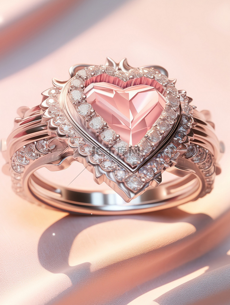 粉红色天鹅绒背景钻石的心形戒指16