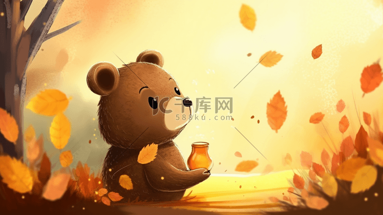秋季吃蜂蜜的卡通小熊插画7