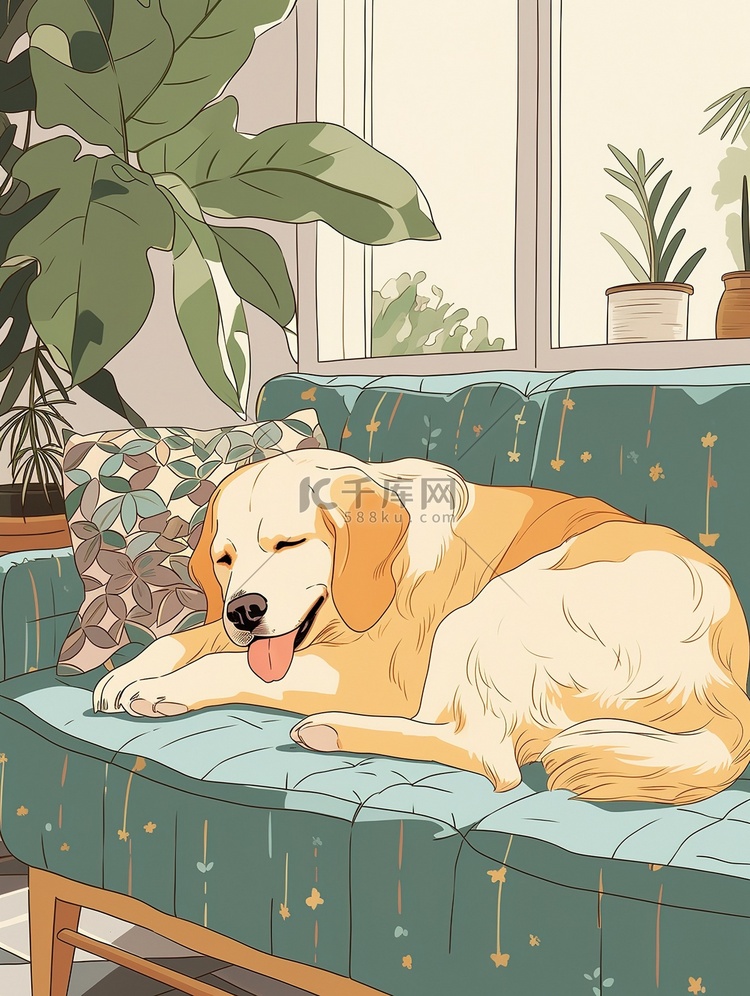 可爱的金毛犬躺在客厅沙发上3