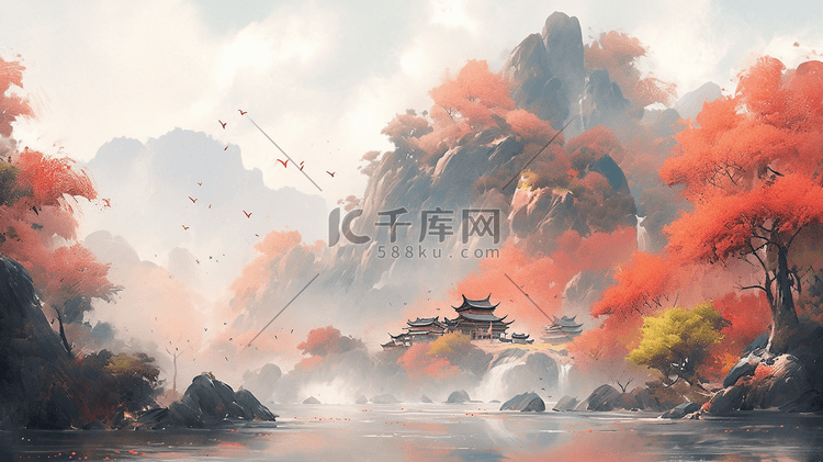 中国风国风插画秋天山水园林一丛火红景色