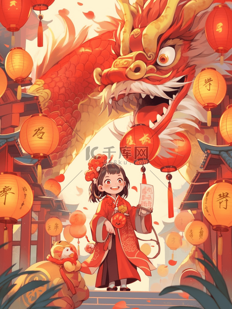 龙年春节插画中国龙和一位小女孩过新年
