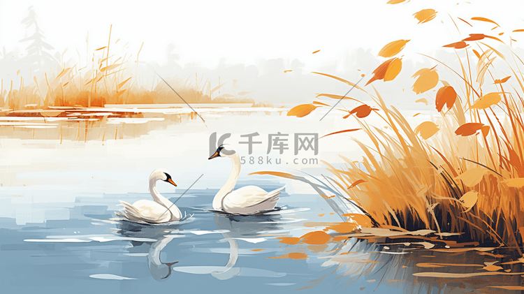 秋季唯美湿地水鸟插画10