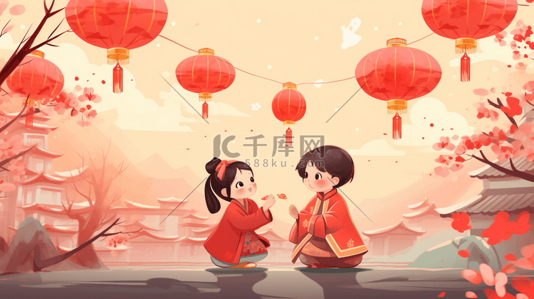红色中国春节喜庆小孩子插画8