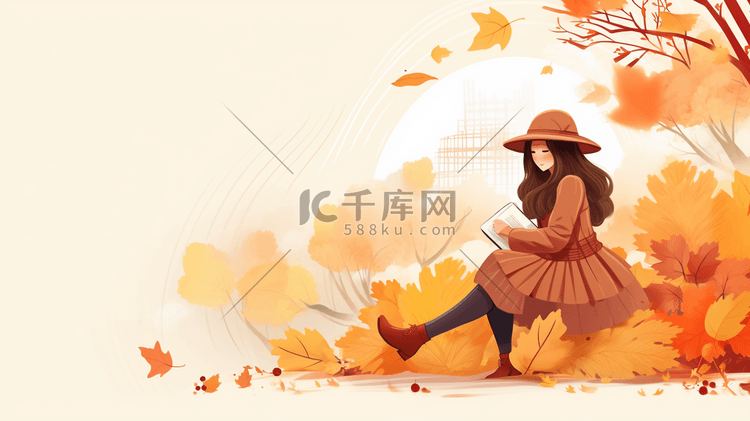 唯美手绘秋季落叶少女侧面插画
