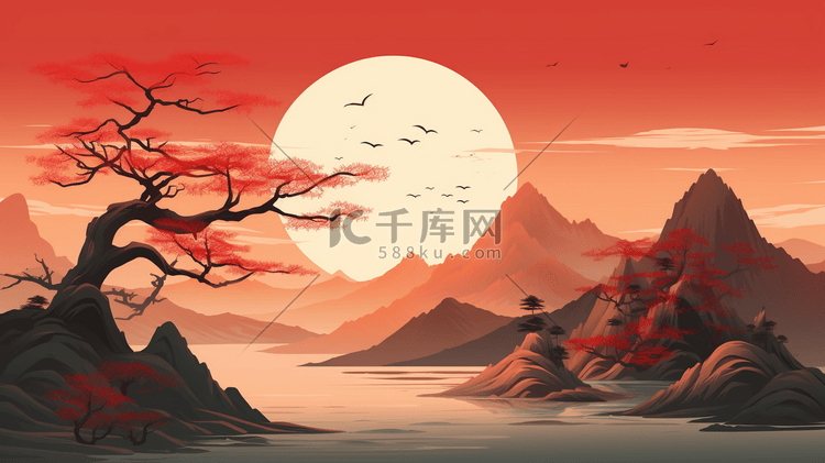 手绘唯美日落山水风景插画1