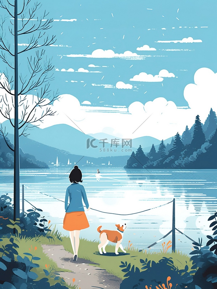 女人和狗在湖边散步插图11