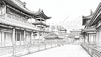 中国风手绘建筑线稿插画18