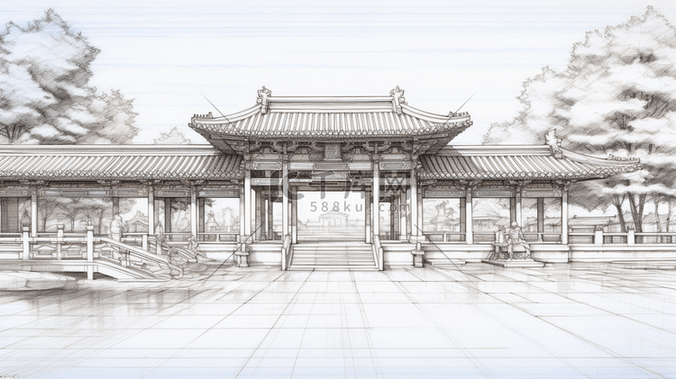 中国风手绘建筑线稿插画25