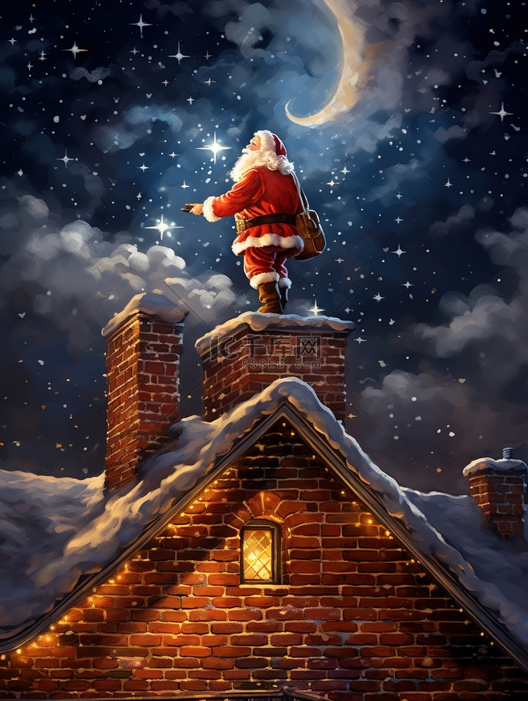 圣诞老人在屋顶派送礼物