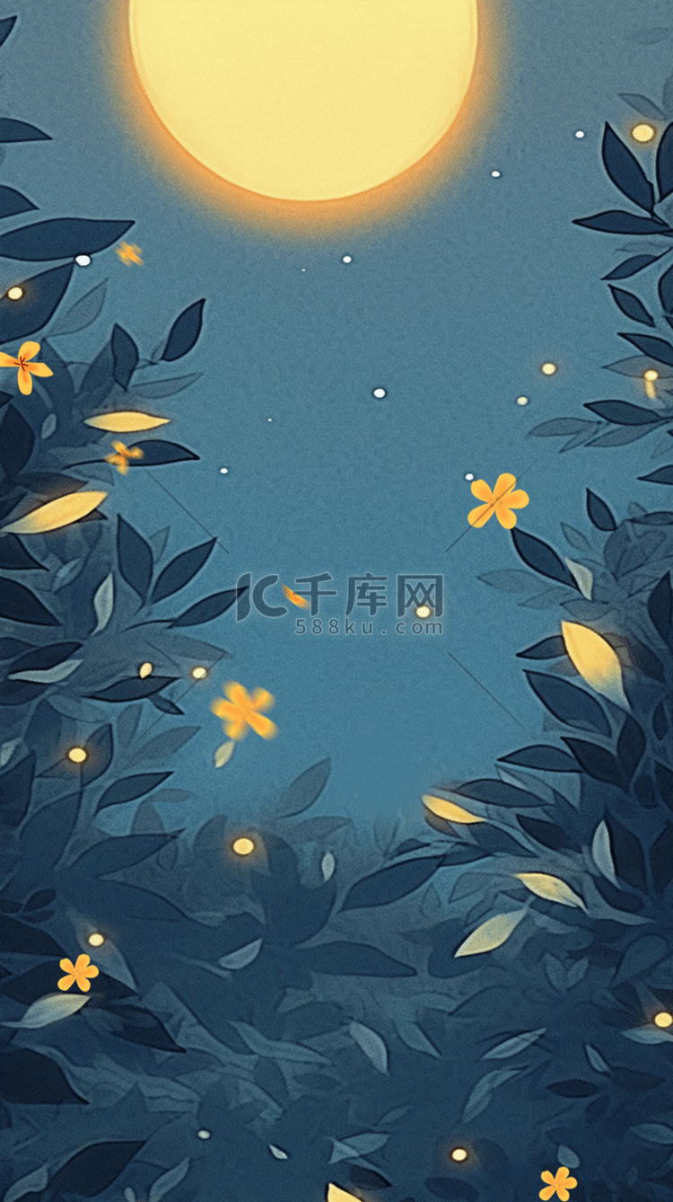 蓝金色中秋节月亮和桂花