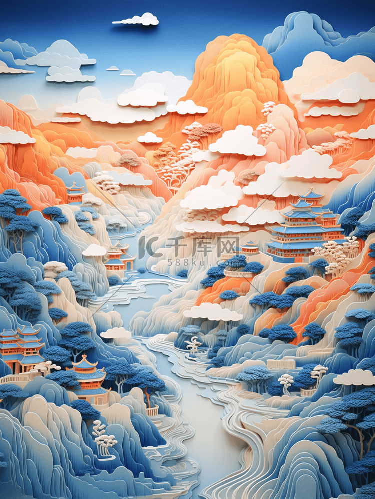 彩色剪纸风中国古典风景插画22