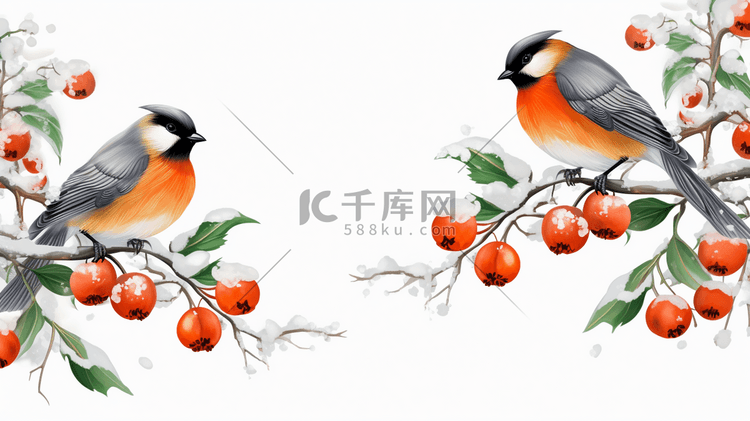 冬季柿子树麻雀插画11