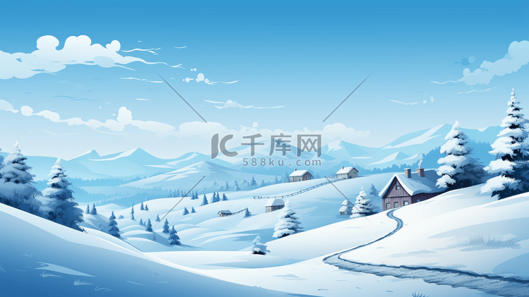 冬日田野里的雪景插画2