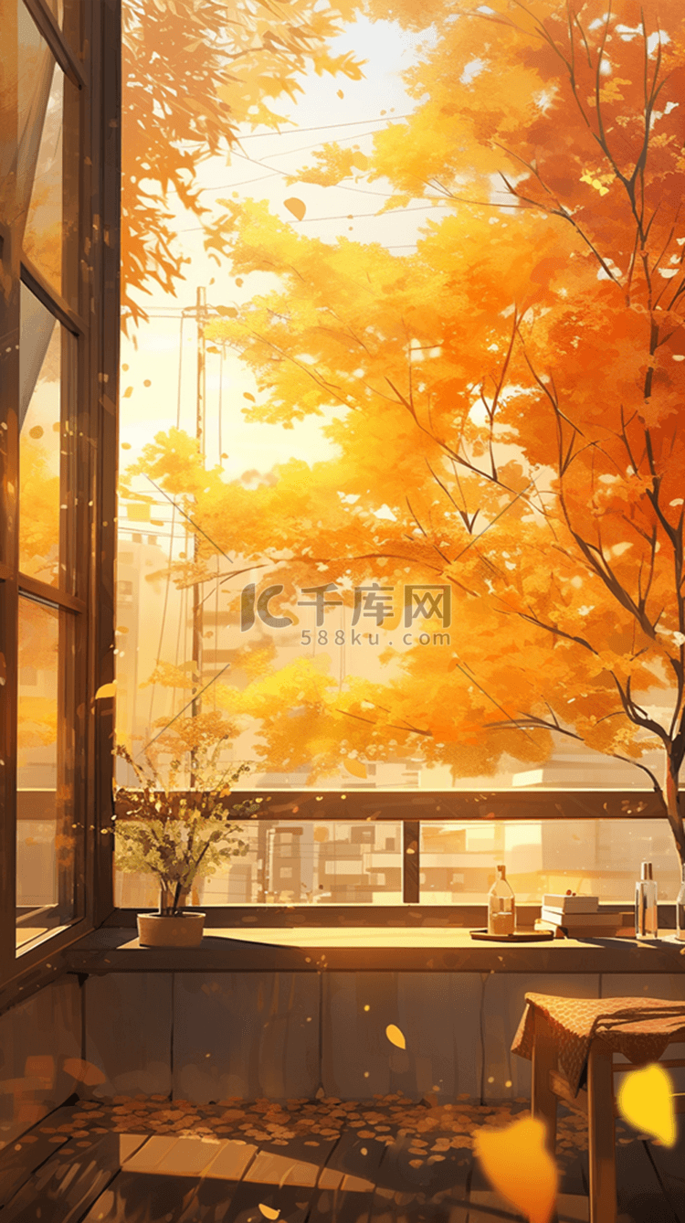 橙色秋天窗前枫树枫叶风景7