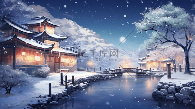 蓝色中国风唯美雪景插画11