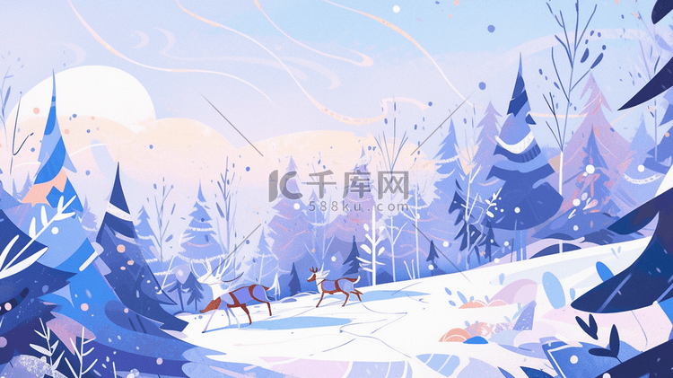 渐变色树林里的雪景唯美卡通插画12