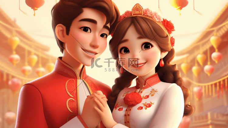中式婚礼情侣照片插画