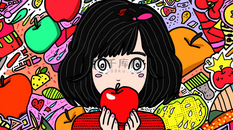 彩色多巴胺风格的吃苹果的女孩插画25