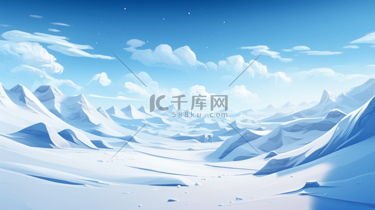蓝色冬季雪山风景插画2