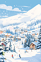雪山松树水彩手绘插画冬天