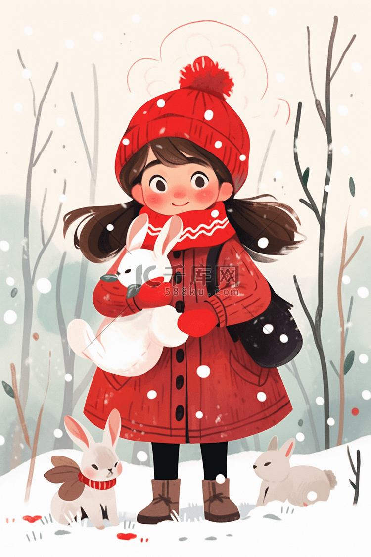 冬天下雪天女孩在插画海报深林里