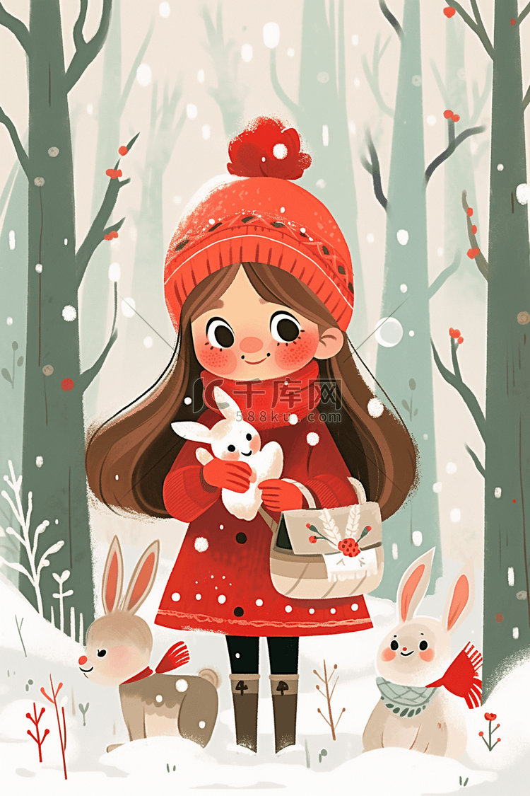 下雪天冬天女孩在深林里插画海报