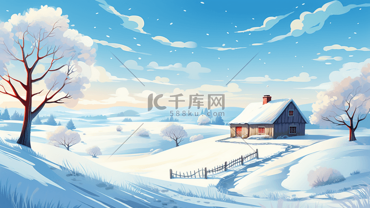 冬山雪地上的小房子插画9