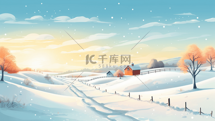 冬山雪地上的小房子插画4