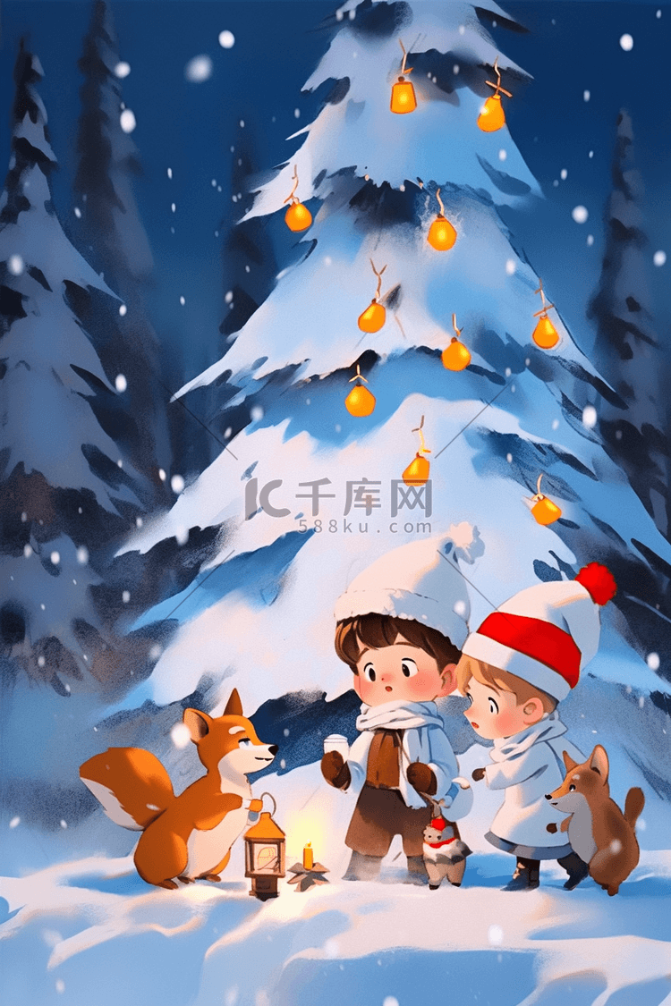 圣诞节海报孩子和小动物一起堆雪人手绘插画